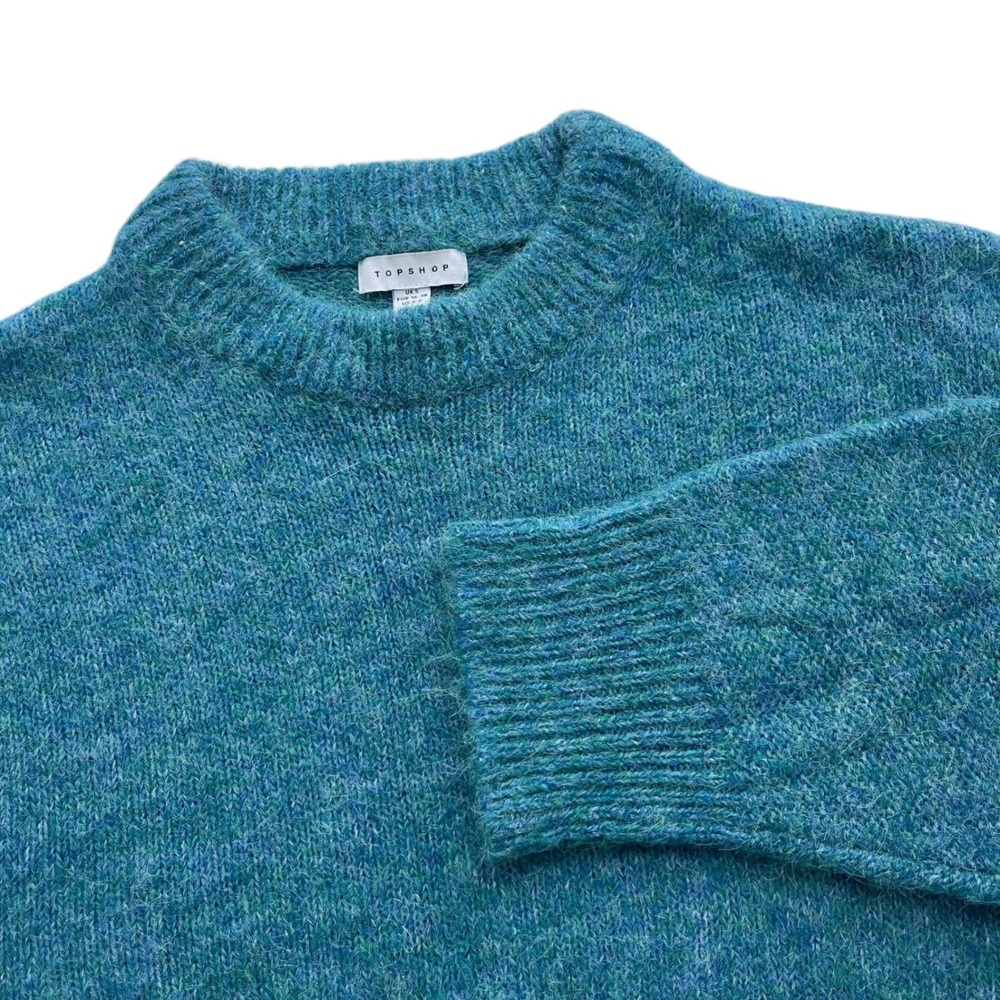 Topshop S Teal Blue Oversized Knit Longline Exposed Seam Fluffy Crewneck Sweater